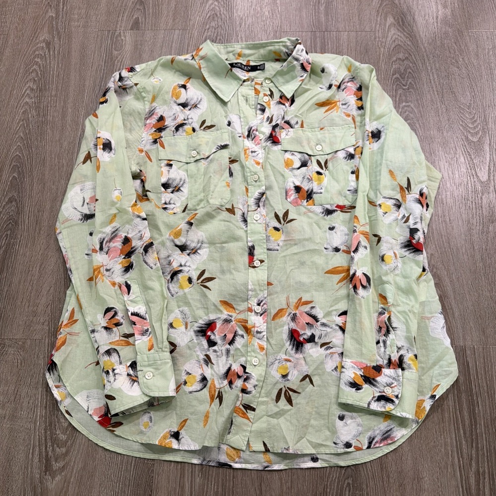 Lauren Ralph Lauren Cotton floral long sleeve top blouse sage Size X-Large